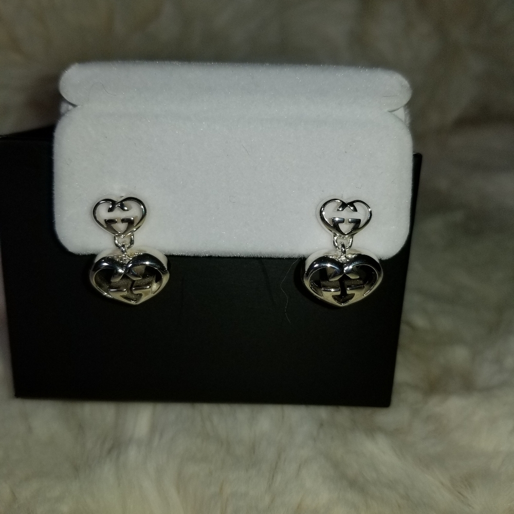 NEW GUCCI 925 Sterling Silver Love Britt Double G Heart Drop Earrings w/Box